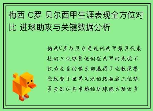 梅西 C罗 贝尔西甲生涯表现全方位对比 进球助攻与关键数据分析
