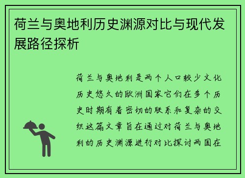 荷兰与奥地利历史渊源对比与现代发展路径探析